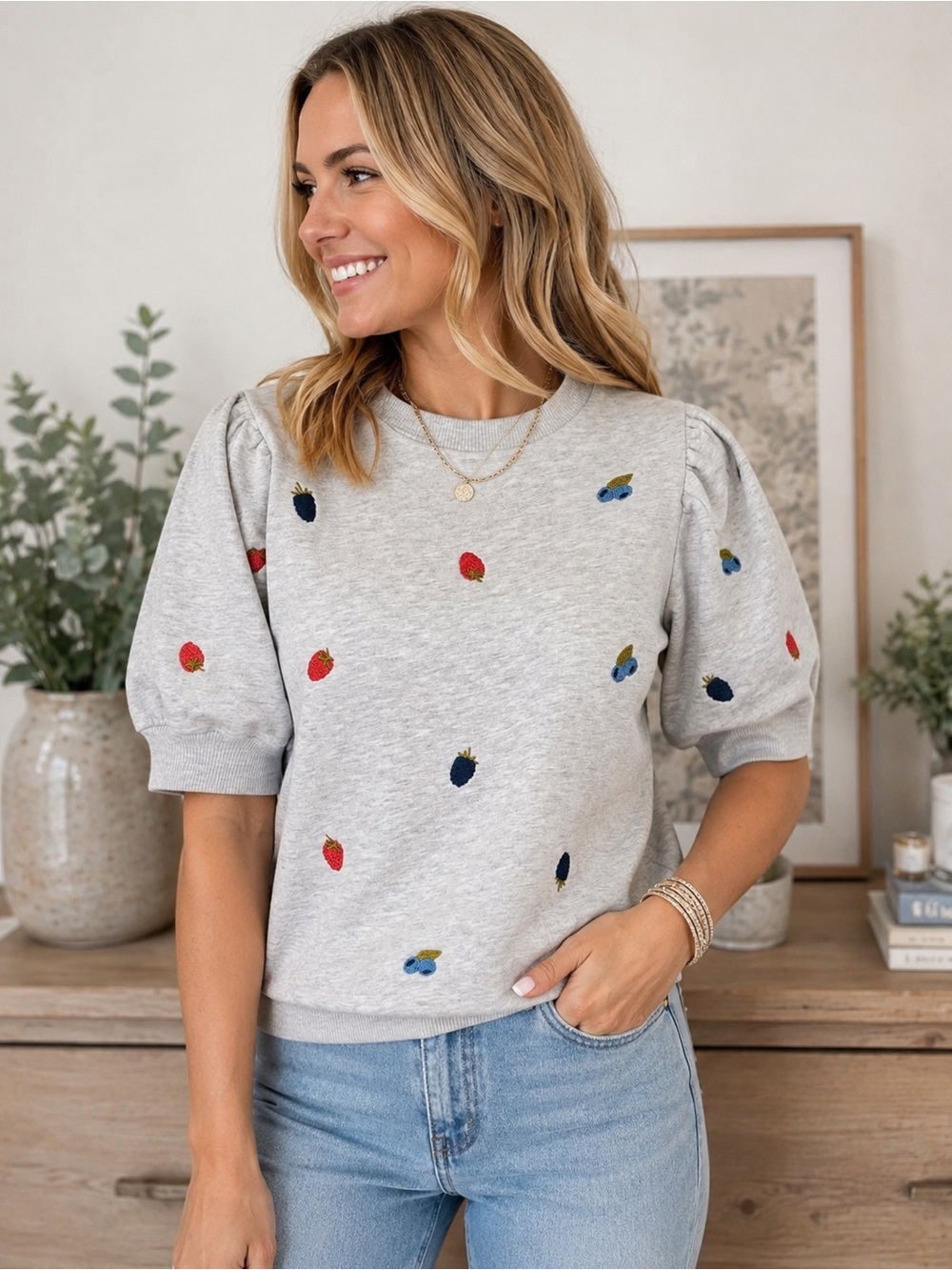 Chelsea & Theodore Gray Embroidered Berry Puff Sleeve Sweatshirt Women’s